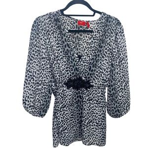 Tape Measure Leopard Print Faux Wrap Embellished 3/4 Sleeve V-Neck Top Sz L
